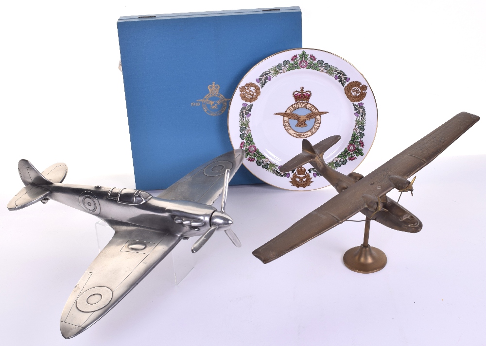 Brass Copy of RAF Desk Top Aircraft Model, Resin Pewter coated Spitfire Model (stand is broken)