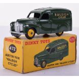 Dinky boxed 472 Raleigh Cycles Austin van, dark green body, yellow hubs, near mint condition, box