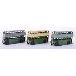 Dinky three 29c Double Decker buses, 1st type grill, green/grey, two-tone green, both good few minor