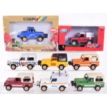 Nine Britains Short Wheel Base Land Rovers,including boxed 9820 Autoway, 9924 British Gas, 42732