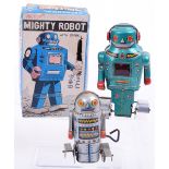 Two Japanese Noguchi Tinplate Robots, boxed Mechanical Robot, working clockwork motor,