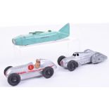 Three Unboxed Dinky Toys Racing Cars,23c Large Open Racing Car, silver body, tan driver no ‘1’ 23d