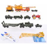 Ten unboxed Dinky Toys,27A Massey Harris tractor, 571 Coles crane,623 Army wagon,660 Mighty Antar