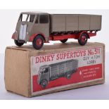 Dinky boxed 511 Guy 4-ton lorry, 1st type fawn cab and back, red chassis, wings and hubs, plain card