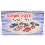 Dinky Toys Gift Set 2 Commercial Vehicles box, blue/white striped pictorial box, fair to good, dirty