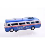 Modern Toys (Japan) Tinplate Battery Operated Sonicon Bus, blue/red/white single deck bus,(missing