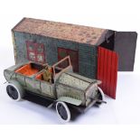 Brenco Tinplate Clockwork Car and Garage, car has fixed working key to front (starting handle) car