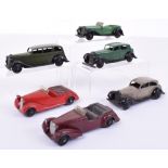 Six Unboxed Dinky Toys Cars,30b Rolls Royce, fawn/black, 30c Daimler, green/black,30d Vauxhall,