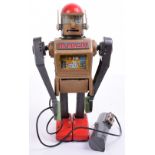 Scarce Japanese Marx Toys Mr Mercury Battery Operated Robot, bronze tinplate body, grey arms/legs,