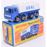 Boxed Matchbox Superfast 32c,Leyland Tanker dark blue cab, white tanker with ‘Aral’ labels in near