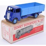 Boxed Dinky Supertoys 511 Guy 4 Ton Lorry, violet blue 1st type cab/chassis, mid blue back/ridged