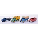 Dinky four Commercial vehicles, 414 Dodge rear tipping wagon dark blue cab, mid blue hubs and grey