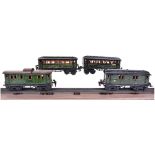 Marklin four 0 gauge bogie coaches with lighting, circa 1930, two 18880 2nd/3rd, hinged doors and