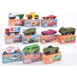 Ten Matchbox Superfast 1:75 series boxed, 54 Personnel carrier, 63 Freeway gas tanker BP Super, 67