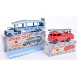 Dinky boxed 582 Pullmore car transporter and 955 Fire engine, car transporter light blue cab mid