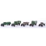 Dinky five 25 series Commercial vehicles, type 3, 29a wagon grey, 25b covered wagon green, 25c