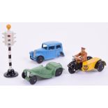 Dinky Toys 44b AA Motor Cycle Patrol, 35a Austin 7 saloon, mid blue body, 35c MG Sports Car, green