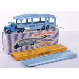 Dinky boxed 982 Pullmore car transporter, mid-blue cab and hubs, light blue back and decks, together