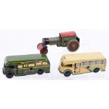 Three Tinplate Wells Brimtoy Models, Greenline single deck bus, private single deck pocketoy coach