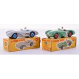 Dinky two boxed 110 Aston Martin DB3 sports, grey, blue interior and hubs, RN20 correct colour