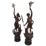 A large pair of painted spelter Art Noveau figures - Le Telephoné et Le Telegraph, French, circa