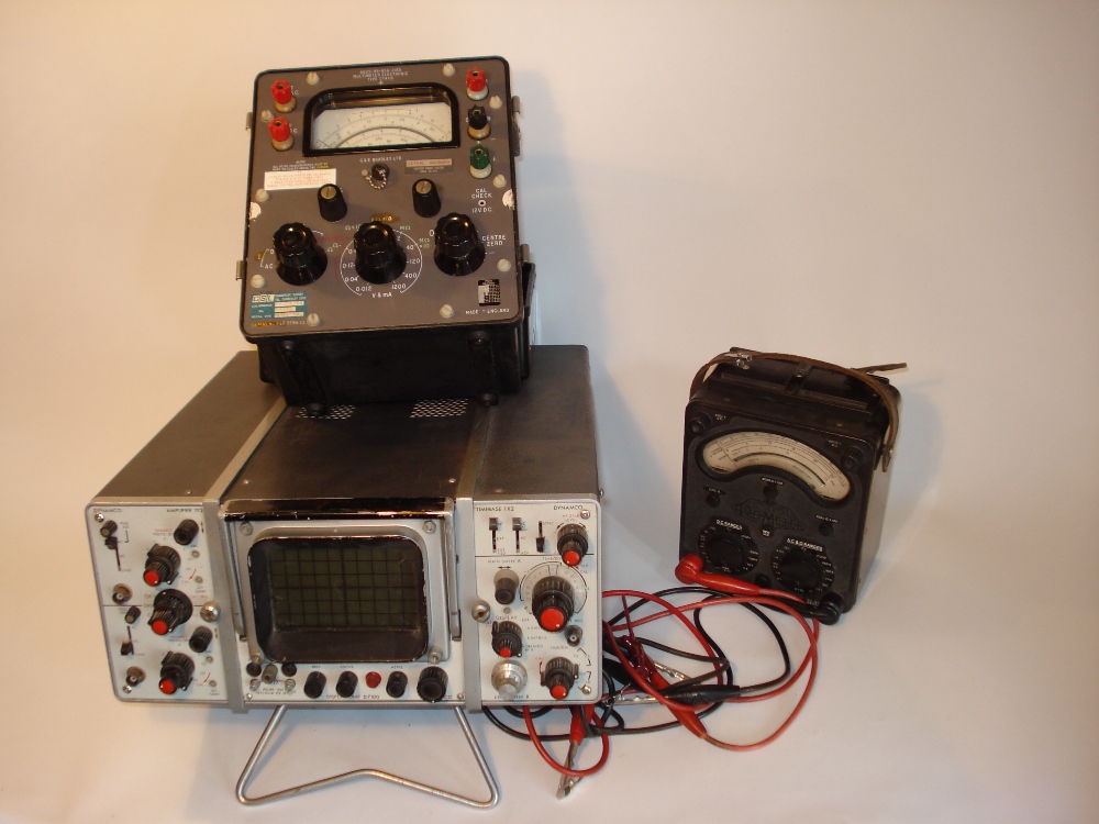 Advanced electronic workshop equipment: A Dynamco D7100 oscilloscope; Bradley T471C multimeter;