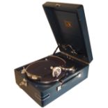 A good HMV Model 102c blue portable gramophone, Ser. No. 839668, circa 1936, With 5A soundbox,