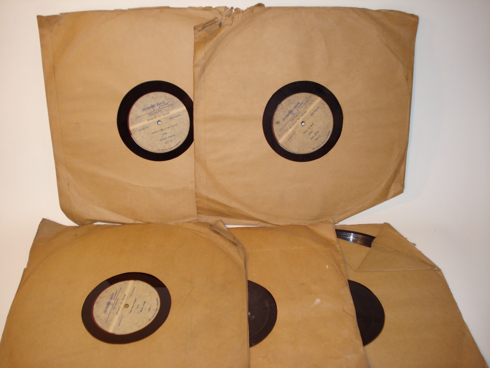 Six 16-inch studio acetate records: Double-sided, triple drive holes and centre, ‘Exploring the
