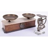 A mid-19th century French shop counter balance, Circa 1860, with twin brass dishes, rise-and-fall