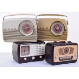 Small British-market wireless receivers: Two Bush TR82’s – one with FM, in maroon/dark blue cases;