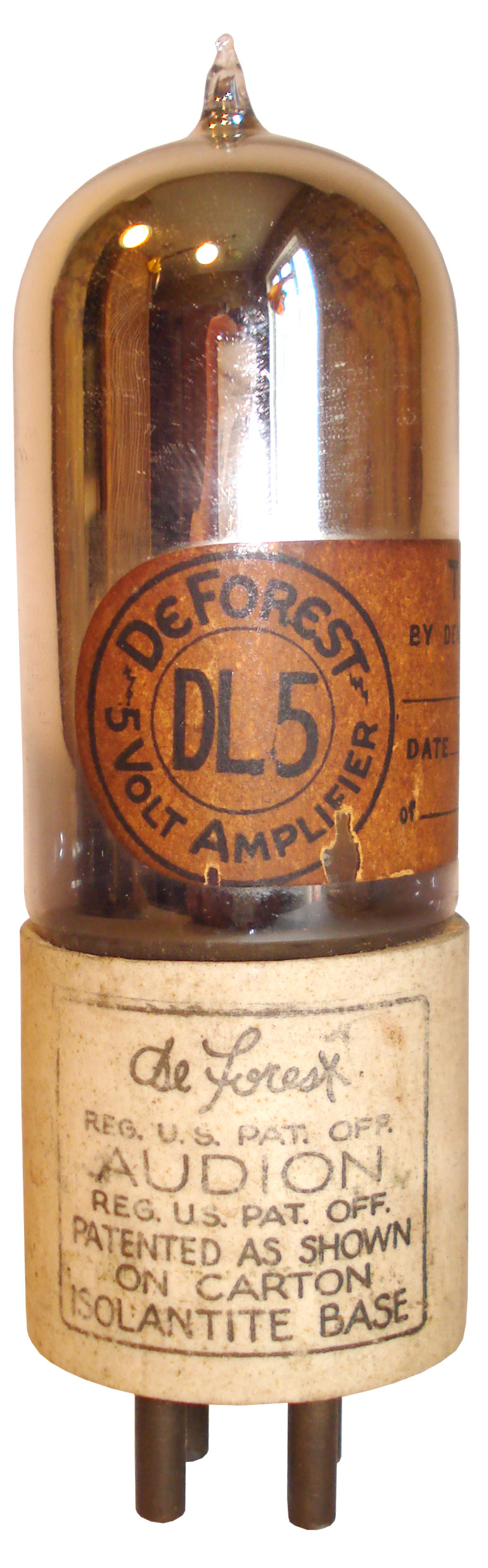 A rare DeForest type DL5 Amplifier valve, No. 9246, pip-top, with full type/test label, white