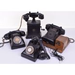 Non-GPO standard black Bakelite telephones: A GEC T10; a converted Ericsson magneto base; a 332