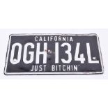 American California vehicle licence plate ‘Just Bitchin’