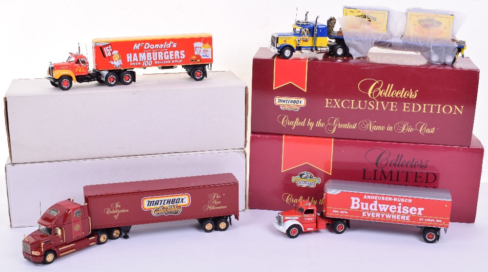 Four Matchbox Exclusives Collectors Limited Edition Models, including the 1948 Budweiser Diamond T