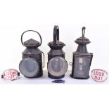 Three Hand Signal Railway Lamps, black painted S.R.A. G 561 lamp, black painted Southern Region ‘