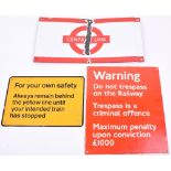 Three Railway/Underground signs, Warning Do Not trespass on the Railway, red/white enamel, 30cms x