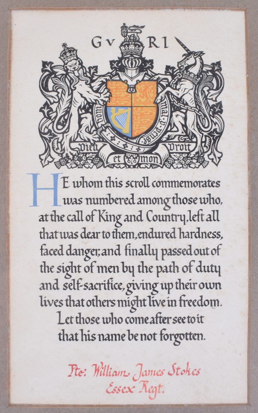 Framed Great War Memorial Scroll - Image 2 of 2