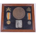 Framed Great War Medal Pair and Bronze Memorial Plaque