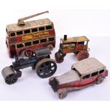 Tinplate two Road Rollers a Saloon car and Double Decker bus