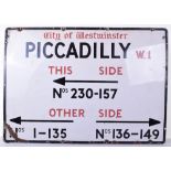 City Of Westminster Enamel Bus Street Sign 1950's Piccadilly W.1