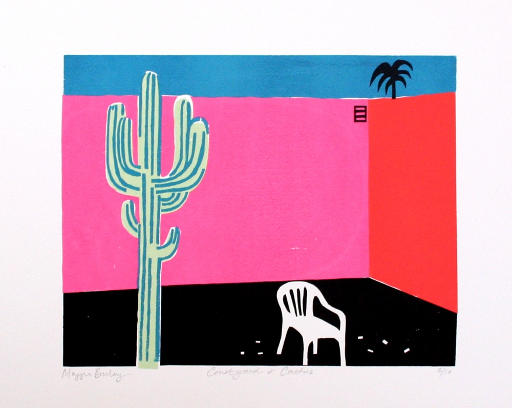 Maggie Burley Courtyard and Cacti screenprint 2 of 10 signed 41 x 51 cm unframed On show at the