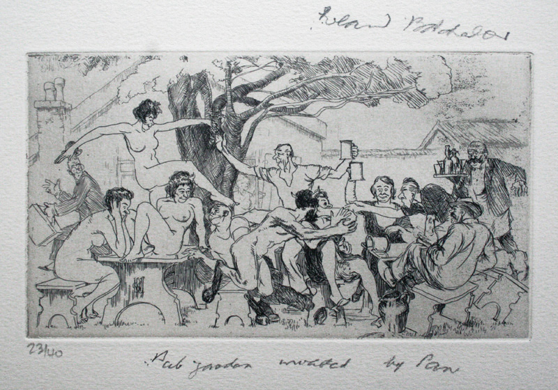 Roland Batchelor Pub garden invaded by Pan etching 23 of 40 signed 10 x 17 cm unframed On show at