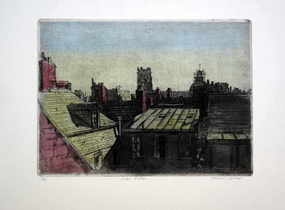 Michael Blaker Dieppe Rooftops hand coloured etching 32 of 150 signed 38 x 51 cm unframed On show at