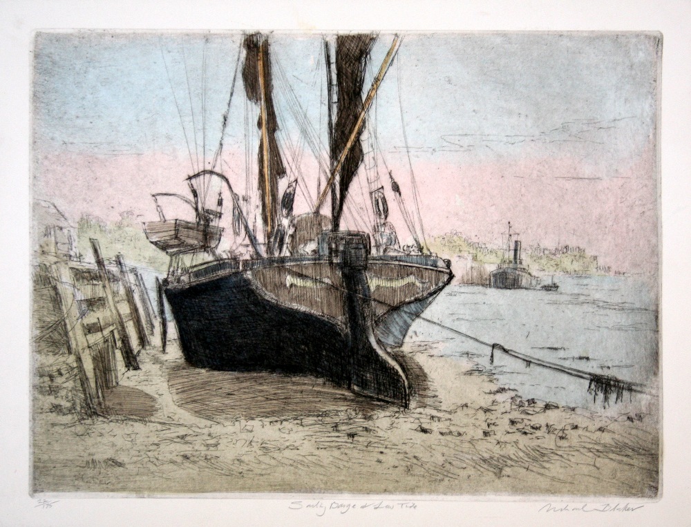 Michael Blaker Sailing Barge at Low Tide hand coloured etching 22 of 175 signed 32 x 41 cm