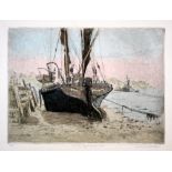 Michael Blaker Sailing Barge at Low Tide hand coloured etching 22 of 175 signed 32 x 41 cm