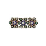 Brooch low titer gold, silver, enamel, pearls, emeralds and sapphires MATERIAL: gold low titer,