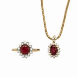 Pendant and ring in yellow gold, diamonds and rubies MATERIAL: yellow gold, diamonds and rubies