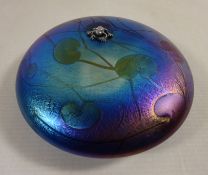 Glasform circular iridescent lily pad paperweight with a silver frog,