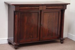 19th century mahogany chiffonier with two drawers and two doors on turned feet, W131cm, D45cm,