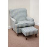 Howard style armchair upholstered in blue Regency stripe fabric, turned walnut finish feet,